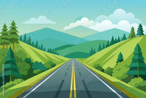 Open road stretching through rolling green hills and majestic mountains under a clear sky