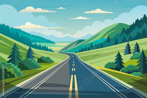 Scenic highway winds through lush green rolling hills and pine forests under a bright sky