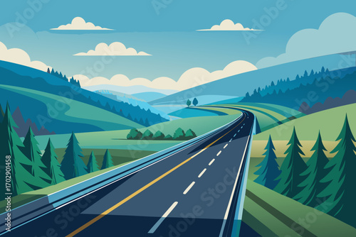 Open road winds through scenic rolling hills and lush green forests under a bright blue sky