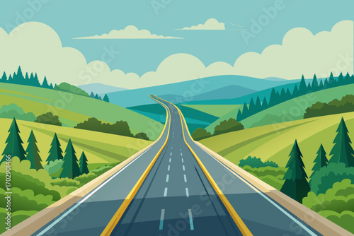 Open road winds through lush green rolling hills and majestic mountains under a bright sky