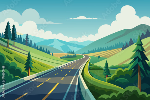 Embark on a scenic journey down a winding highway through lush green rolling hills and majestic mountains.