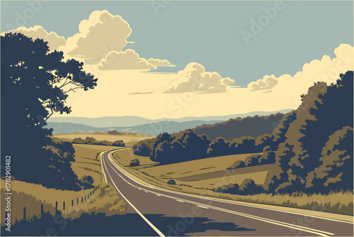 Scenic country road winds through rolling hills and lush trees under a dramatic sky