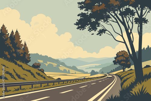 Journey ahead through rolling hills and scenic countryside under a vast sky