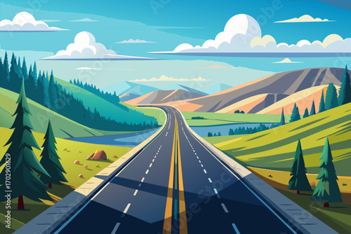 Journey through scenic mountains and rolling hills on a winding highway towards adventure and freedom