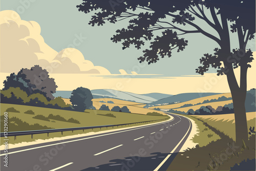 Serene highway winding through rolling hills under a vast, cloudy sky with silhouetted trees