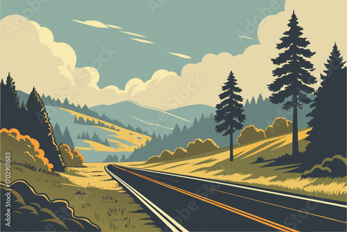 Scenic open road winds through rolling hills and pine forests under a vast, cloudy sky.