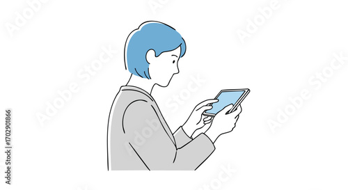 Focused person using tablet device in modern business setting, digital connection and information access