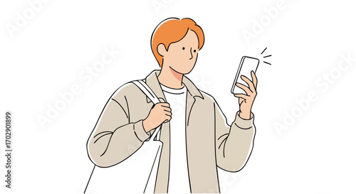 Young man holding smartphone, checking notifications, ready for modern life adventures.