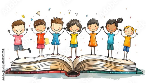 Children standing on open book, holding hands, smiling, colorful clothes, celebrating learning