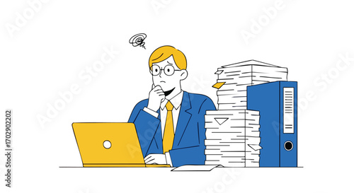 Confused businessman overwhelmed by paperwork and computer tasks in modern office environment
