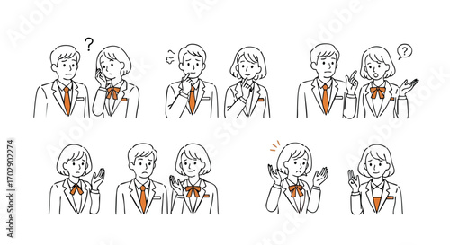 Diverse professionals express confusion, doubt, and contemplation in minimalist line art.