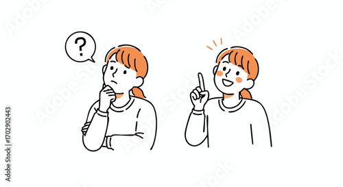 Confused woman questions then brilliant idea sparks, showing problem-solving journey