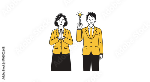 Brilliant idea! Confident man with lightbulb above head and colleague with hands together