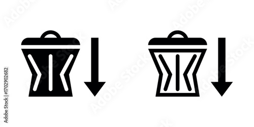 Narrowed or dented trash bins and arrows icon represent the zero waste concept symbol illustration design. Filled and outline version. Black color.