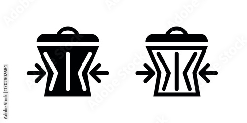 A set of narrowed or dented trash bins and arrows icon represents the zero waste concept symbol illustration design. Filled and outline version. Black color.