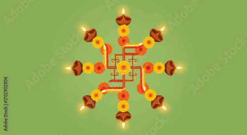 Auspicious Diwali diyas and flowers arranged in a swastika pattern.