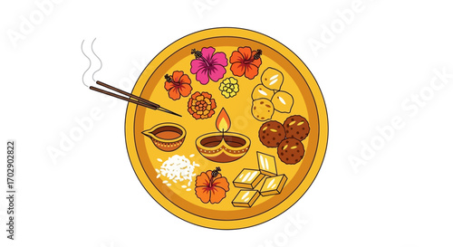 A vibrant thali offering for a religious ceremony, featuring sweets, fruits, flowers, incense, and a lit diya.
