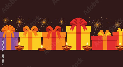Colorful gifts and diyas with sparklers, celebrating Diwali festival.