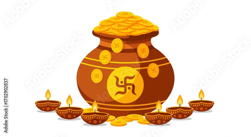 A traditional clay pot overflowing with gold coins, featuring a swastika symbol and surrounded by lit diyas for a festive celebration.