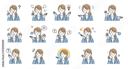Young professional woman expresses diverse emotions and ideas with clear, modern illustrations