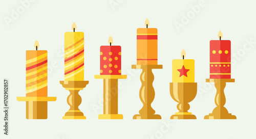 An illustrated collection of six colorful, patterned, lit candles in ornate golden candlesticks.