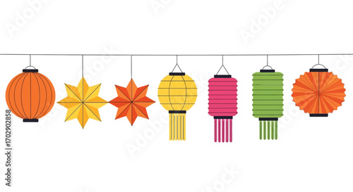A festive string of colorful Asian paper lanterns in various shapes hanging in a row.