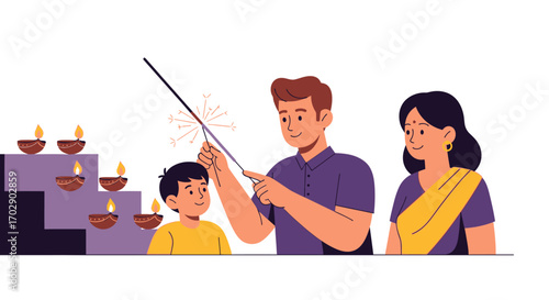 A happy Indian family celebrating the Diwali festival together with a lit sparkler and traditional oil lamps.