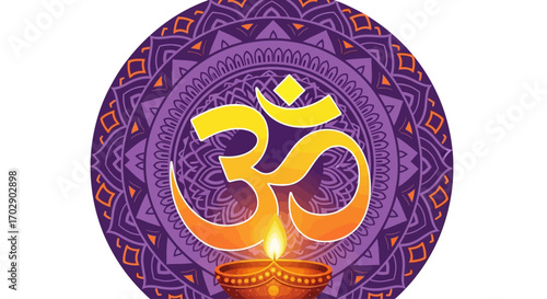 A vibrant Om symbol illuminated by a glowing diya oil lamp, set against a decorative purple mandala pattern, representing spirituality and auspicious beginnings.