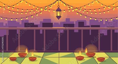 Festive rooftop scene with lit lamps, cityscape backdrop, and string lights illuminating the evening.