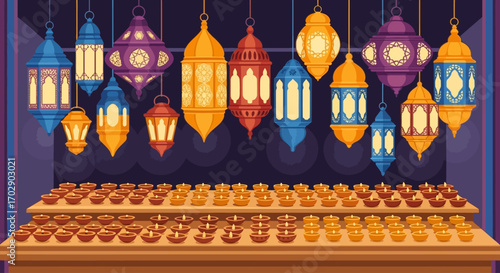 Colorful lanterns illuminate a display of small lamps on a wooden table, creating a festive atmosphere.