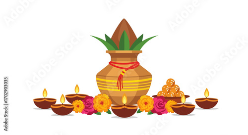 A colorful illustration depicting a traditional Indian religious ceremony with a decorated pot and lit lamps.