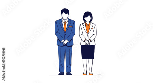 Professional business couple in matching suits offering polite greetings and showing respect in a clean, modern setting