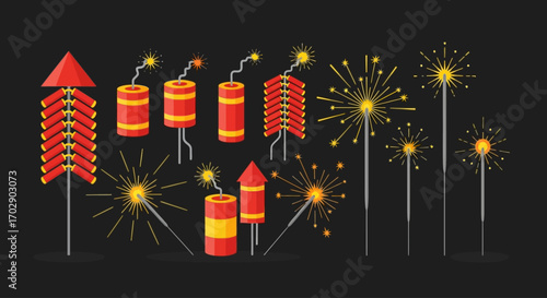 An illustration displays an assortment of red and yellow firecrackers and sparklers against a dark background, some lit and emitting bright light.