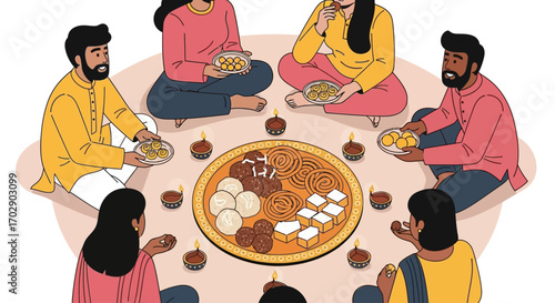 Group of people sitting in a circle around a large platter of sweets, sharing food and celebrating a festive occasion with lit diyas.