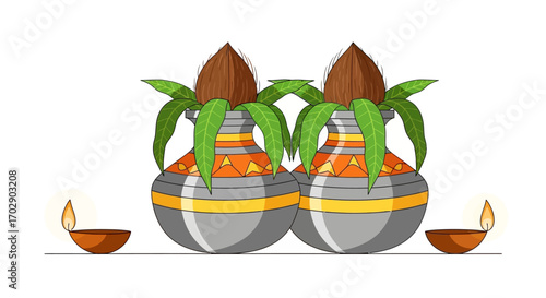 Two decorated clay pots with coconut sprouts, flanked by lit oil lamps.