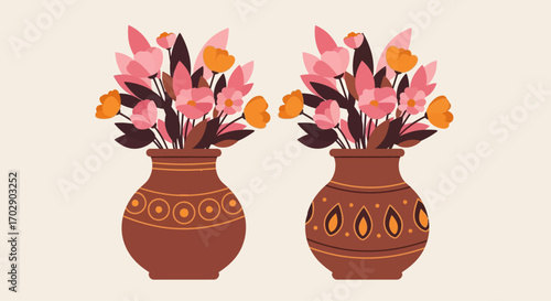 Two ornate terracotta vases filled with beautiful bouquets of pink and orange flowers.