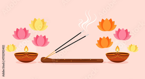Burning incense sticks and lit oil lamps surrounded by colorful lotus flowers on a pink background.