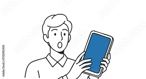 Man reacts with shock and surprise to shocking news on his tablet screen