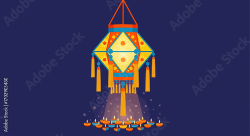 A colorful, geometric Diwali lantern (kandil) hangs above lit diyas, radiating light against a dark blue background.