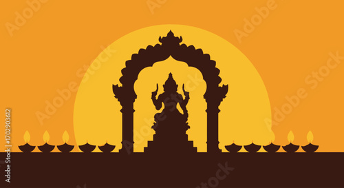 Silhouette of a deity statue within an ornate archway, with glowing lamps.