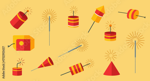 Colorful assortment of various fireworks and firecrackers displayed on a yellow background.