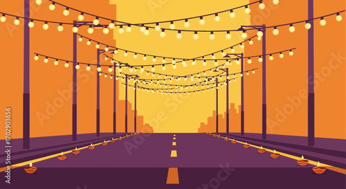 An illustrated city street decorated with hanging string lights and diyas for a festive celebration.
