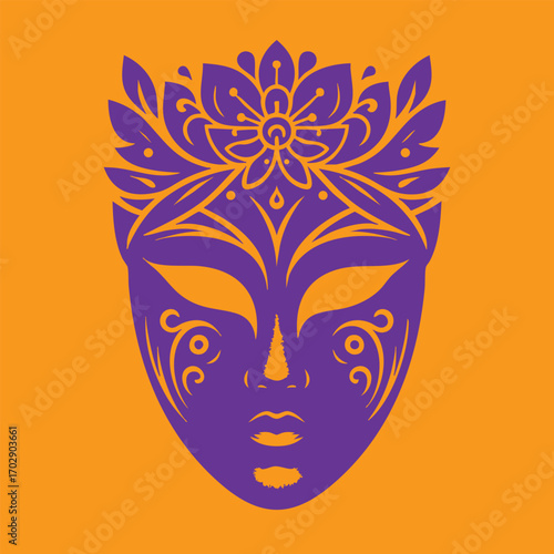 Intricate purple floral ornamental mask design with symmetrical patterns on vibrant orange background