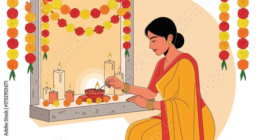A woman in a yellow sari lights a diya, surrounded by decorative marigold garlands and lit candles, celebrating a festival of lights.