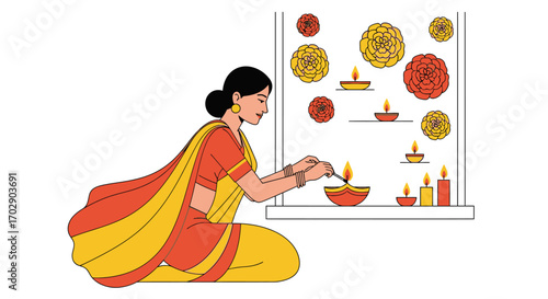 A woman in traditional Indian attire lights a clay oil lamp, preparing for a festival celebration with decorative flowers and illuminated diyas displayed on shelves.