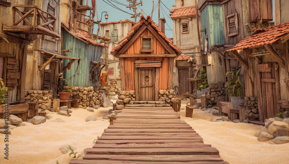 Fototapeta premium A quaint, weathered wooden boardwalk leads to a small, rustic building in a charming village