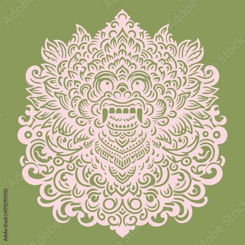 Intricate symmetrical ornamental design featuring a stylized fierce mythical face with elaborate swirling patterns
