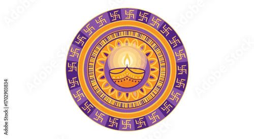 A decorative circular mandala featuring a glowing Diya lamp and a border of swastika symbols.