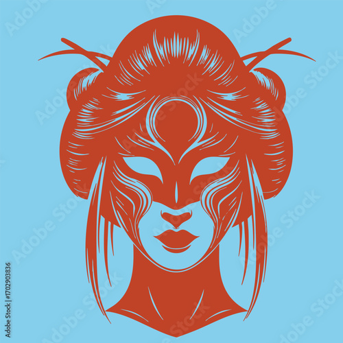 Intricate stylized illustration of a mysterious female face with tribal patterns and ornamental hair accessories on blue background