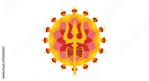 A decorative graphic of a golden trident within a red lotus, surrounded by a radiant halo.